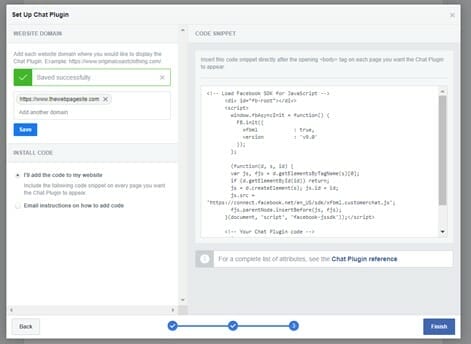 facebook business page messaging configuration wizard. sample of compiled chat wizard code that needs to be installed on a website