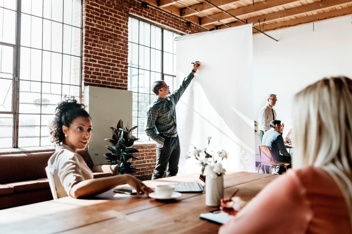 A group of people sitting at a table in an office.