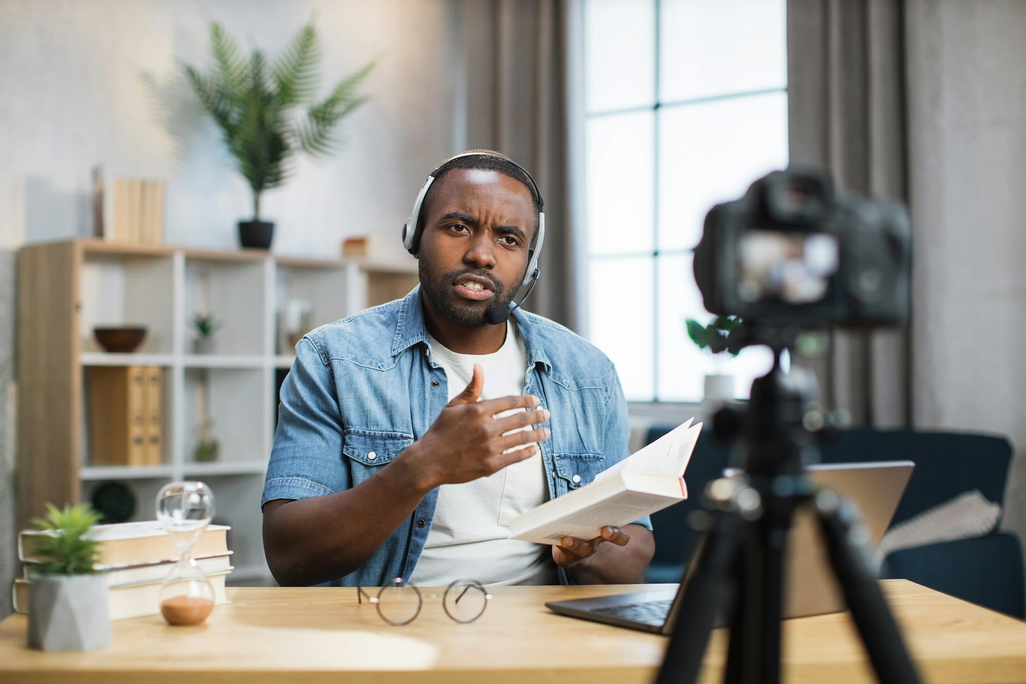 African american man doing live stream at home